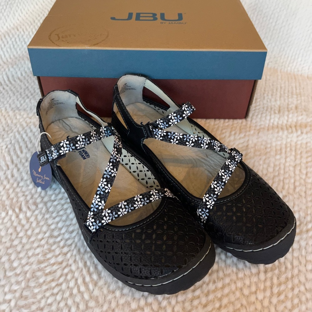 JBU Jambu Karen Sport black Sandals with blue and white flowered elastic straps